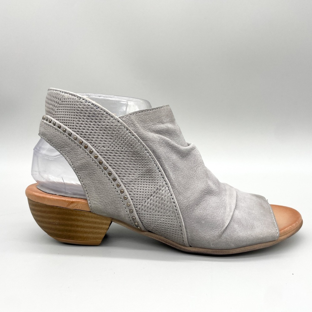 Miz Mooz Womens 38 7.5 Cailey Sandals Grey Leather Peep Toe Slingback Wedge Hobo